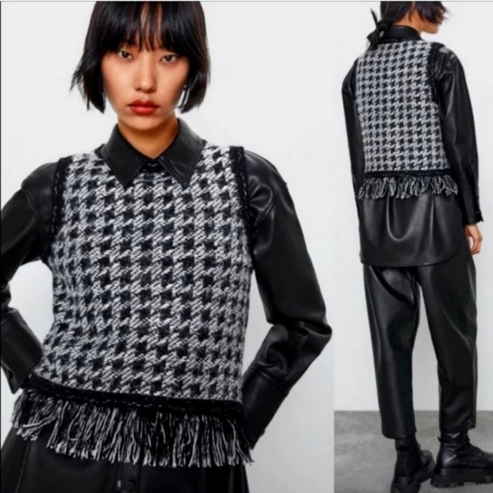 Zara Knit Tweed Houndstooth Fringed Sweater Vest